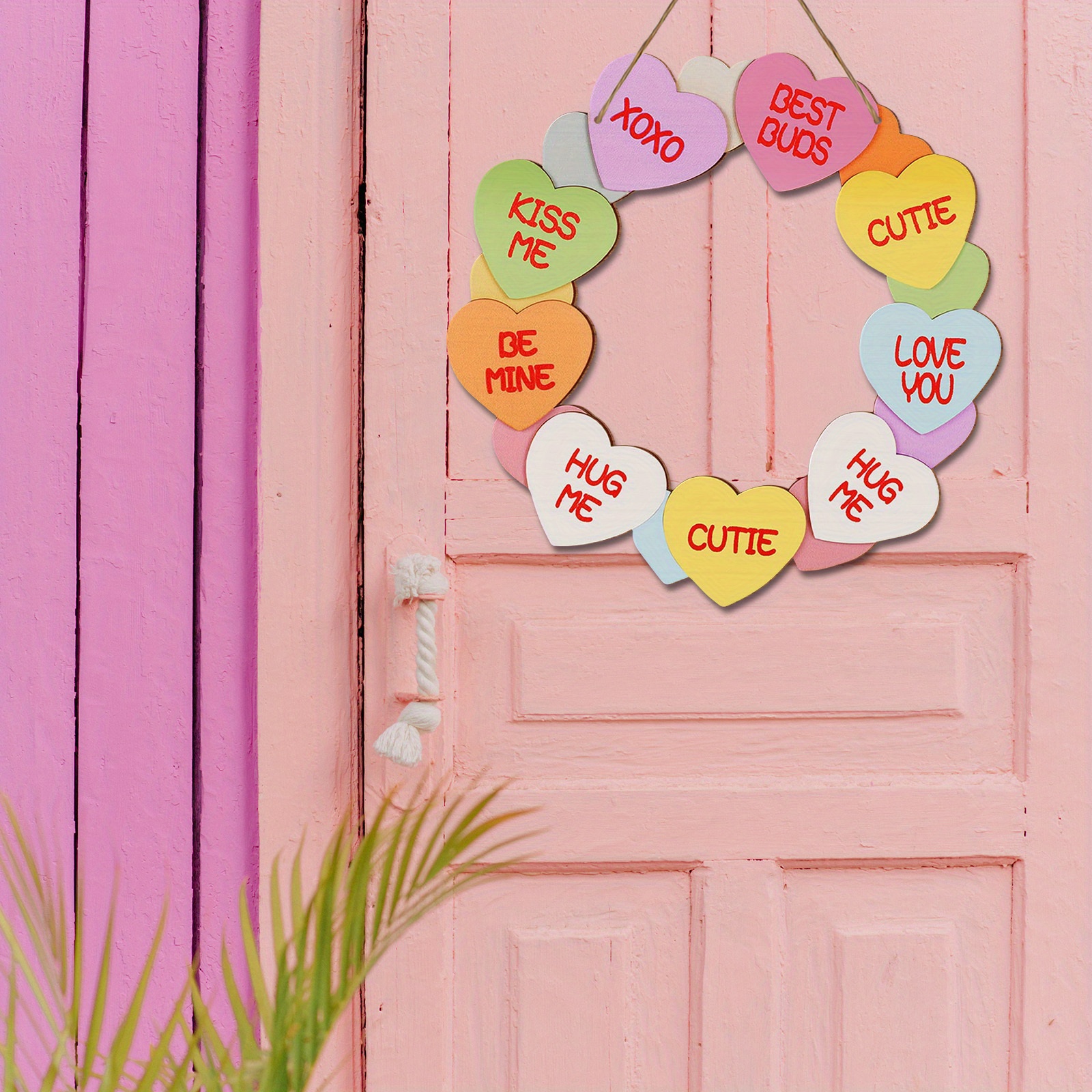 

2d Flat, 1pc Colorful Wooden Heart Wreath Sign With Phrases – "," "best Dudes," "," "love You," " Cuteie" – Valentine's Day, Romantic Celebrations, And Home Or Door Decor