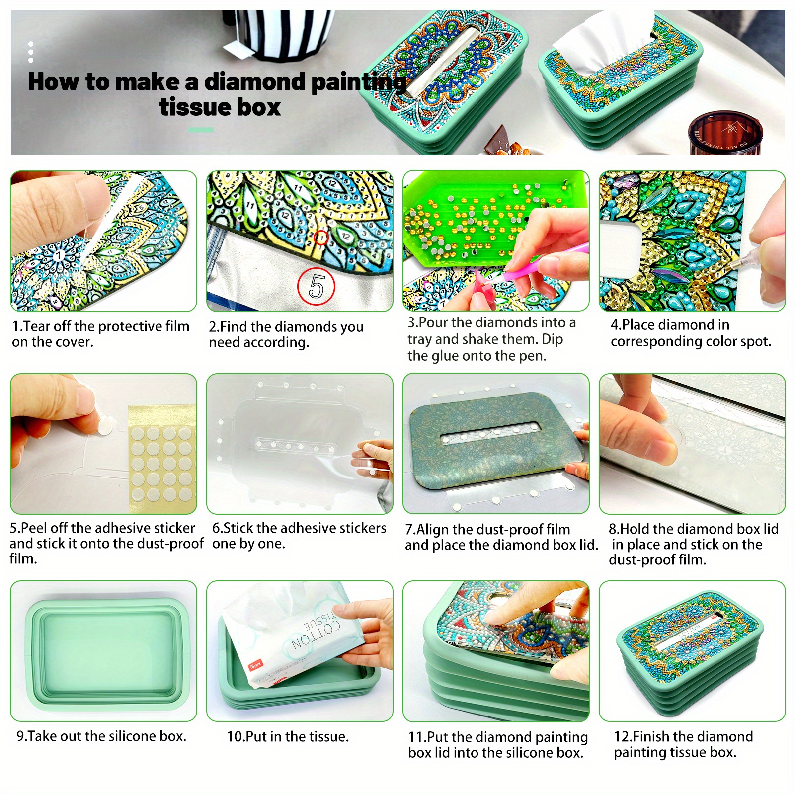 1pc handmade diamond painting tissue box holder floral diy craft with   mint green background decorative tissue organizer for living room housewarming wedding birthday gift   assembly tools   decor centerpiece mosaic effect decorative storage item Product details 2