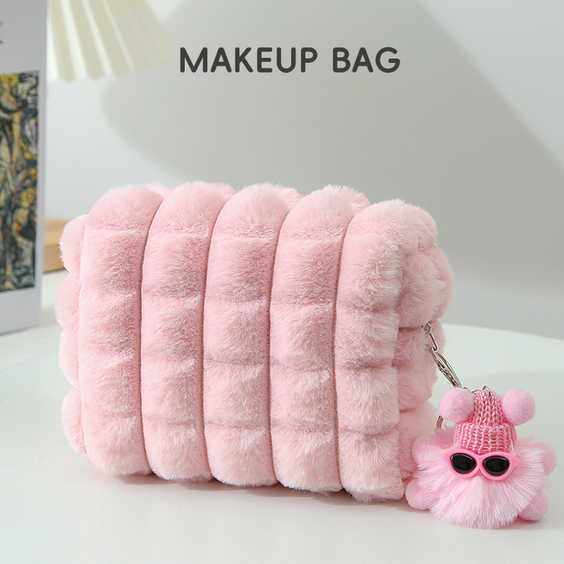 TEMU Large Capacity Plush Makeup Bag With Pom Pom - Pink Cosmetic Bag For Travel And Home Use, Cute And Practical Design For Women, Makeup Travel Bag