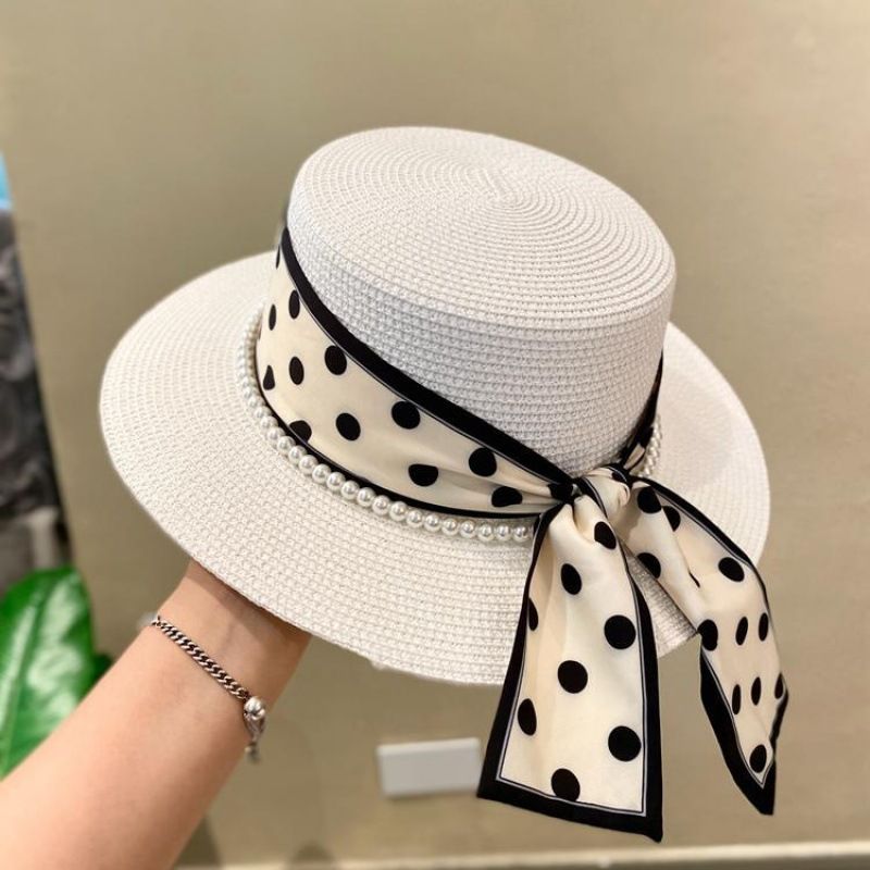 TEMU 2d Flat, Japanese Minimalist Polka Dot Hat Women's Summer Sunshade Sunscreen Vacation Beach Hat French Flat Top White Top Hat Travel