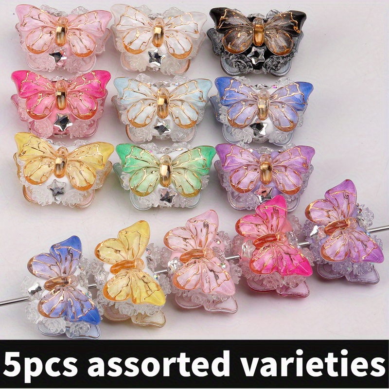 TEMU 5pcs 24*32mm Couleurs Aléatoires Vibrantes Dégradé Strass Acrylique Grande Perle Papillon & Assortiments de Perles, Résine Cristal Artificiel