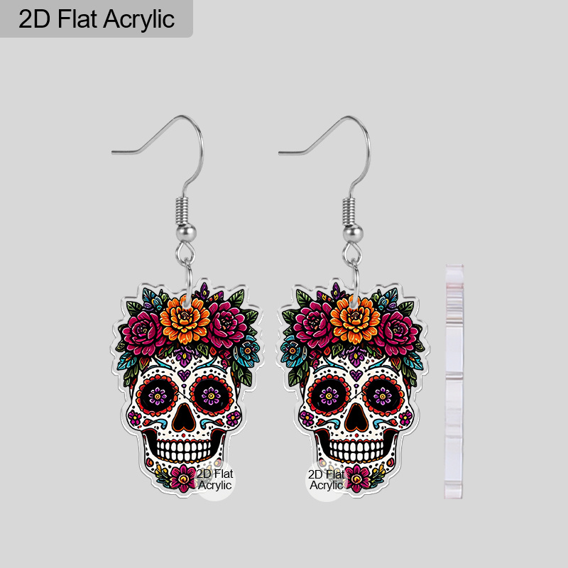 TEMU 2d Flat, Mexican Floral Skull Acrylic Earrings, Mexican Style Earrings For Women, Themed & Classics Jewelry, Women's Lightweight Everyday Or