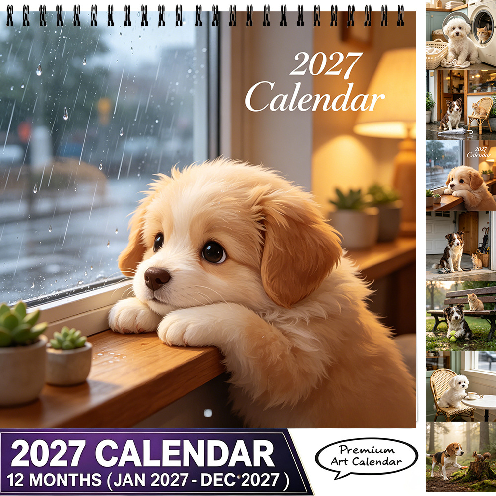 TEMU 2027 Cute Puppy Wall Calendar 8.3x8.3 Inch Dog Pattern Monthly Wall Hanging Calendar Thick Paper Home Office School Wall Decor Calendar Suitable