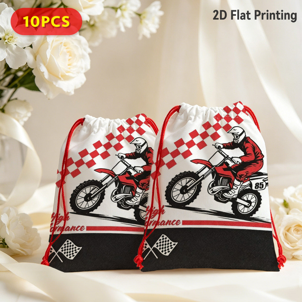 TEMU Gift For Her Or Him 10pcs Flat Print Retro Motocross Racing Gift Bags Candy Bags, Storage Bags With Drawstring, For Birthday Parties, Motorcross