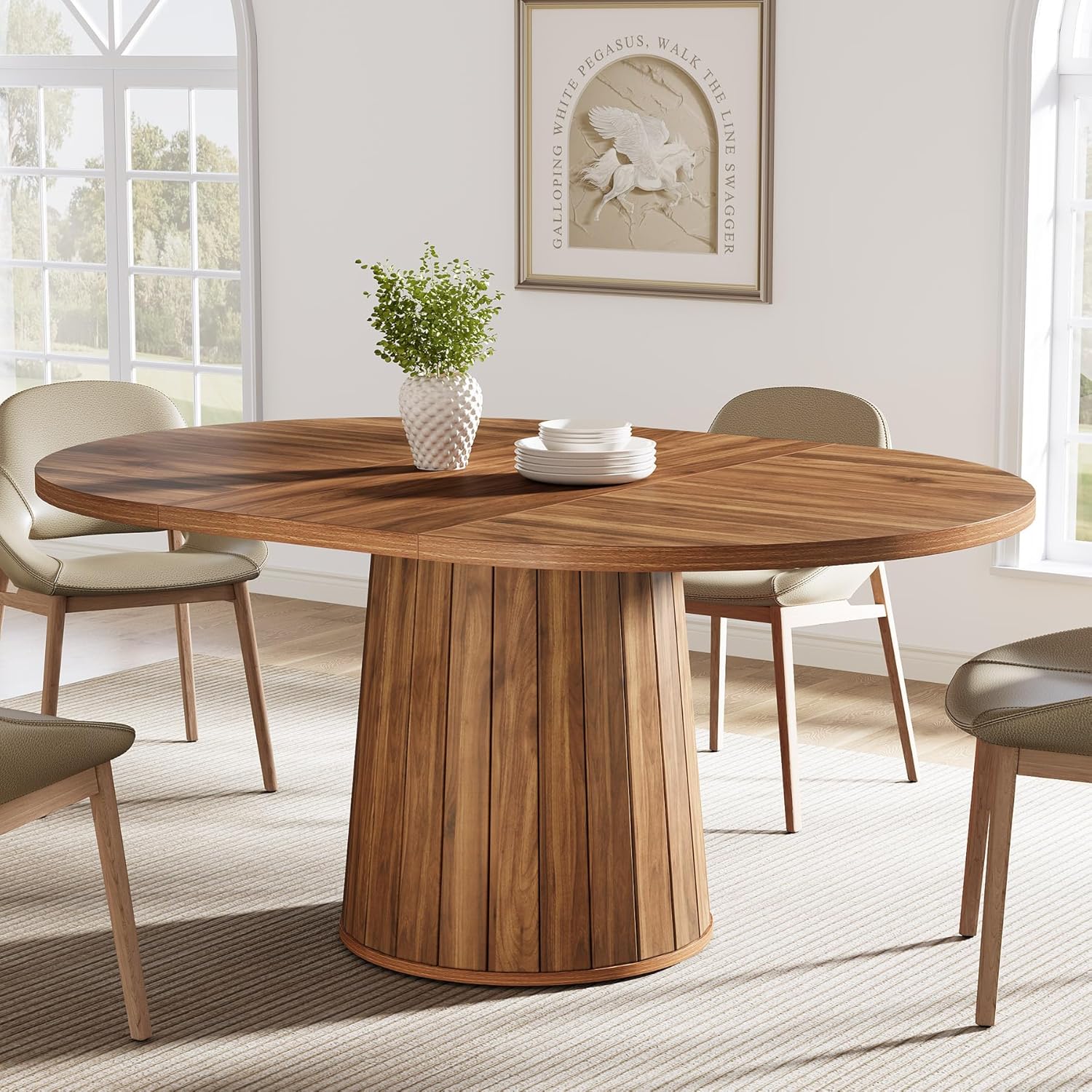 Oval Dining Table For 6 People, 55.11-inch Farmhouse Kitchen Dinner Table With Cylindrical Pedestal (rustic Brown)