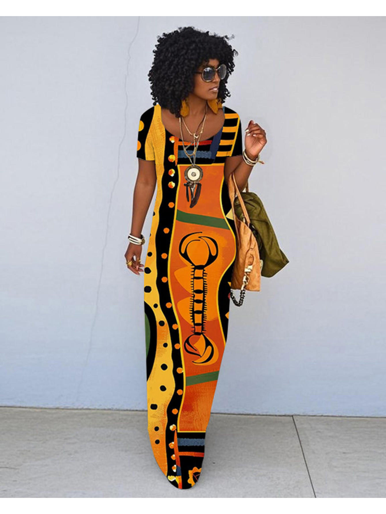 Women's African Print Maxi Dress Set – Bohemian Outfit With Head Wrap & Dangle Earrings | 5 Sizes - View #3