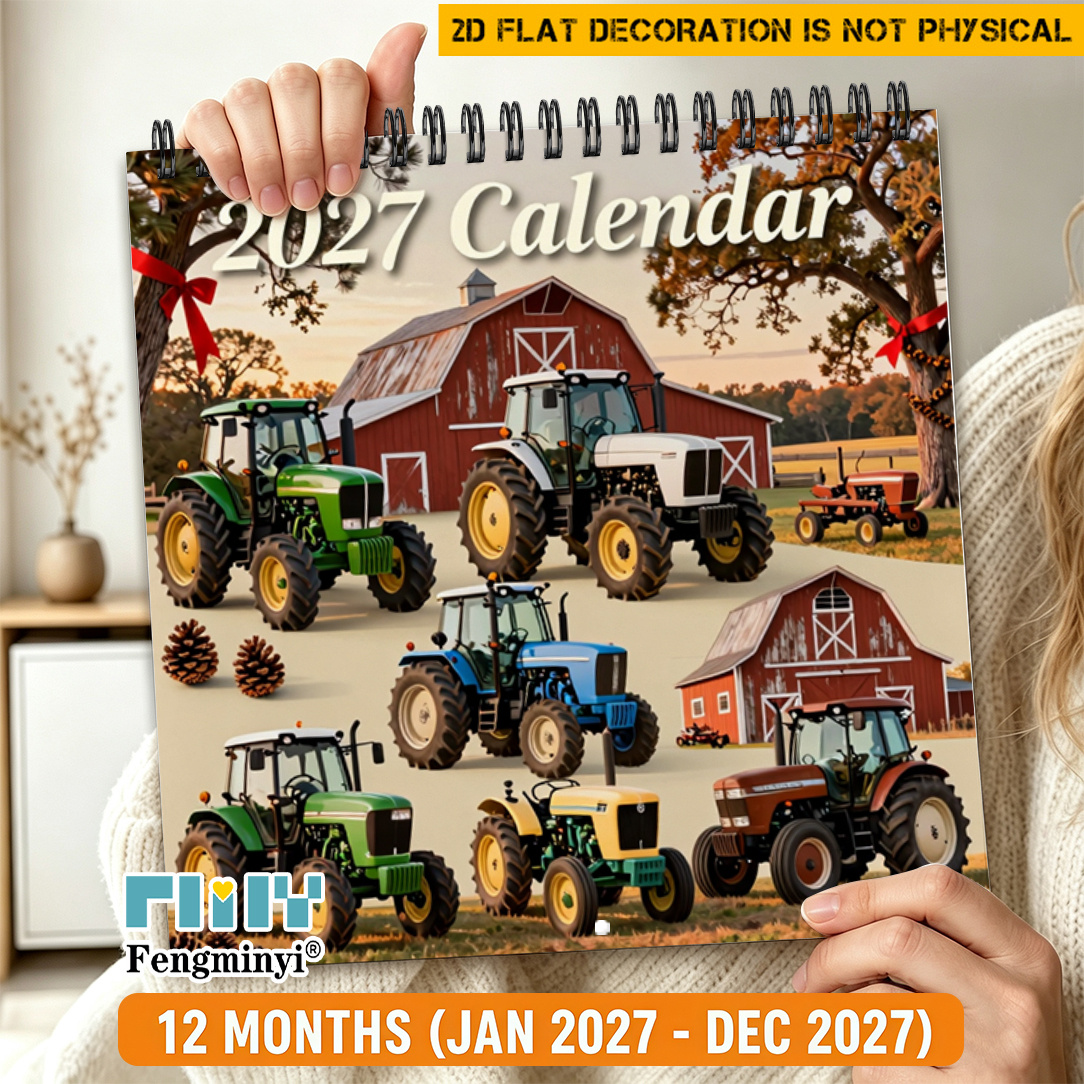 TEMU 1pc Large Wall Calendar 2027 - Large-sized Desk & Hanging Monthly Planner With Realistic Tractor Barn Farm Collage Suitable For Office,, Decor,