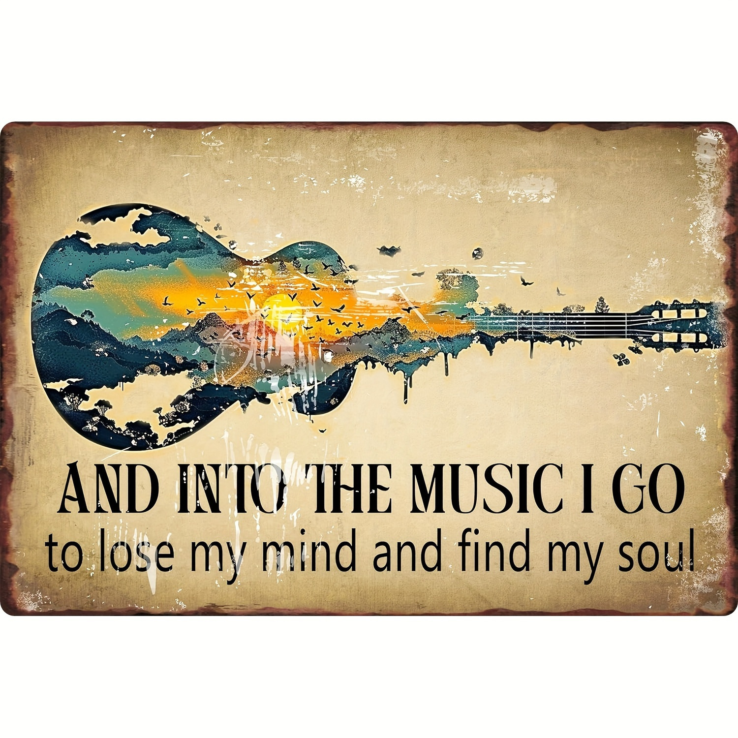 TEMU Plat 2D, Décoration Murale Guitare Rétro 2D, Plaque avec "Et dans la musique je m'enfonce... Je perds l'esprit, je retrouve mon âme" Grande 5,9"