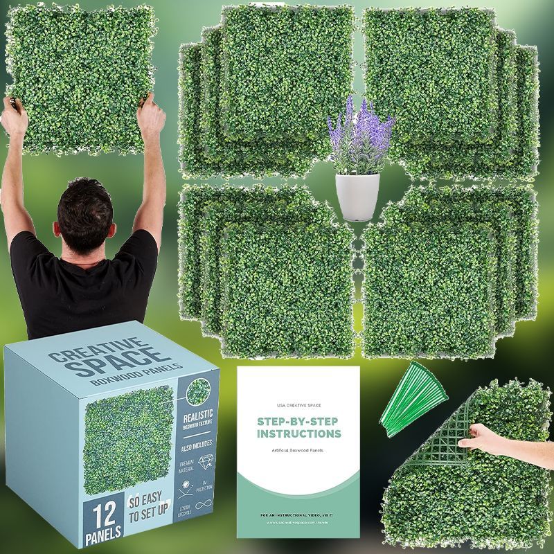 12 Pack Artificial Grass Wall Panels - 20x20 Inch Hedge Backdrop, 33 Sq Ft Total, Plastic Greenery Screen For Outdoor Privacy, Parties, Weddings, Photoshoots, Indoor/outdoor Garden Decor