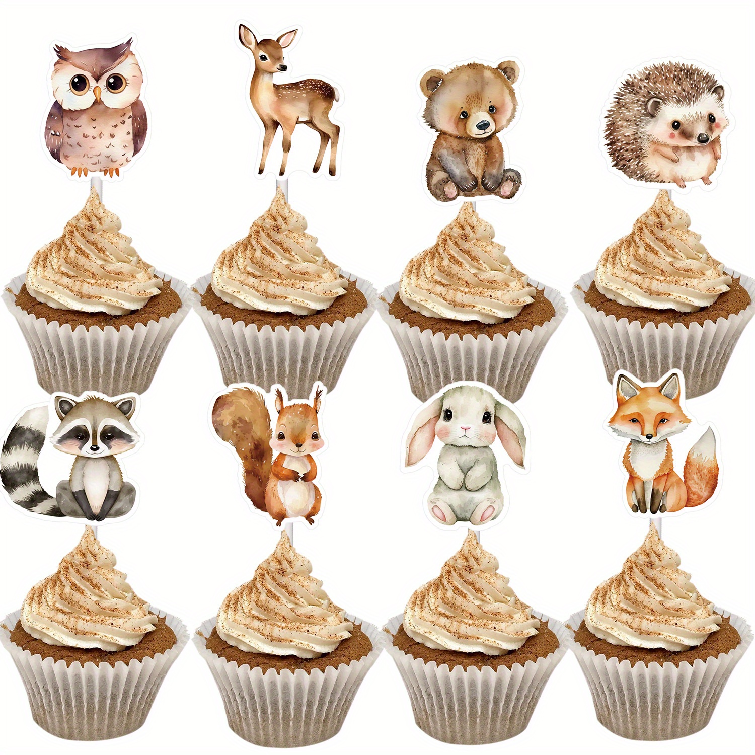 12Pcs Woodland Cake Toppers - Forest Animal Baby Shower Decorations For Cakes, Cupcakes & Parties