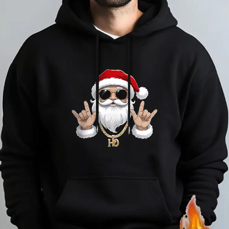 

Men's Cozy Fleece-lined Hoodie With Santa Claus Print - Casual Pullover With Kangaroo Pocket, Fall & Winter