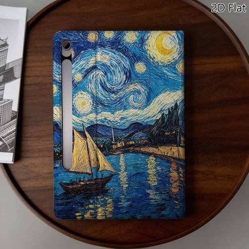 품목 사진 삼성 갤럭시 탭 s7 s7fe s8 s9 s9fe s10 lite fe plus tab 11 12.4인치용 2d 평면 별이 빛나는 밤의 배 그림 태블릿 케이스 1개, 자동 깨우기/잠자기 기능 태블릿 커버, 전신 보호 접이식 충격 방지 보호 커버, 2d 평면