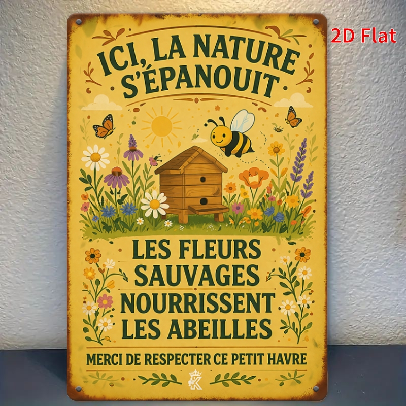 TEMU Plat 2D, [2Dflat] 1 pièce 30x20cm - Panneau en étain vintage nature abeille, Art mural rétro en métal et fleurs , Panneaux décoratifs pour