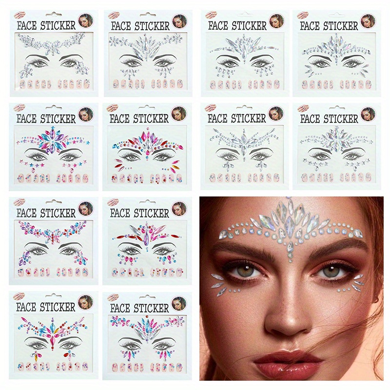 TEMU Sparkling Self-adhesive Diamond Face Stickers - Colorful Resin Glitter Decals, Parties, Masquerade Balls, Festivals, And Everyday , Vibrant