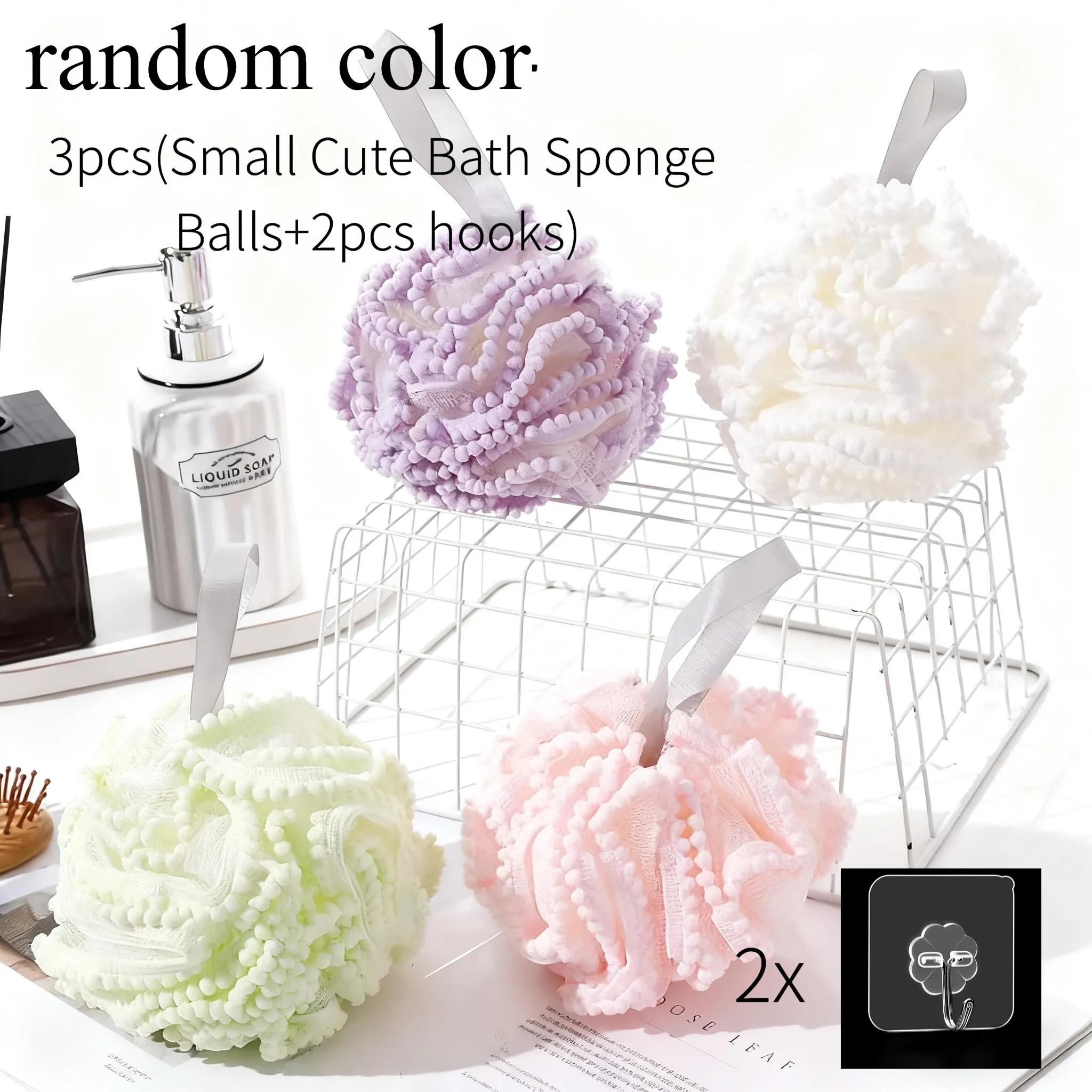 3pcs Cute Bath Sponge Balls and Hooks Set, Random Colors