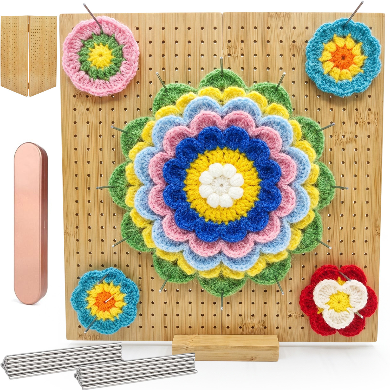 Natural Bamboo Weaving Frame 33 X 33cm, Square Craft Board Equipped With 30 Long Pins For Handmade Weaving