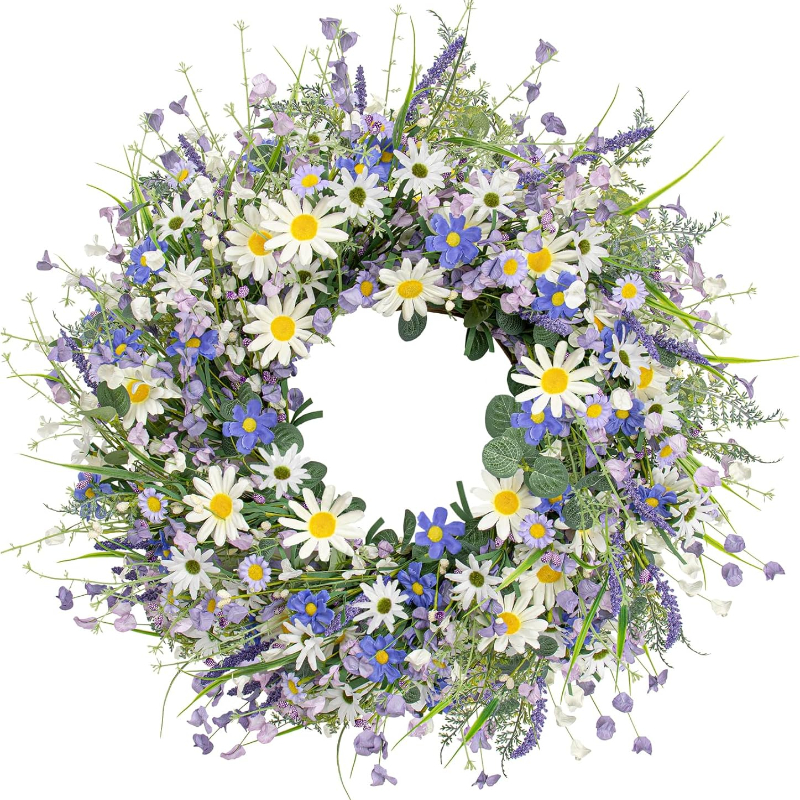 *. Frühlingskranz für Haustür * Frühlings-Türkranz, Sommer-Blumenkranz mit Wildblumen Lavendel für Vordereingang, Innen- Außenbereich, Fenster, Heimdekoration