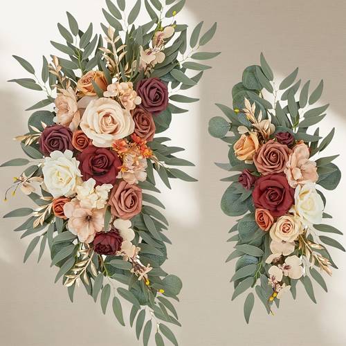 1pc vintage autumn floral arch decor realistic brown roses beige orange burgundy flowers with green leaves no power needed durable plastic wedding thanksgiving home decor for arches table centerpiece mantelpiece fall party decor