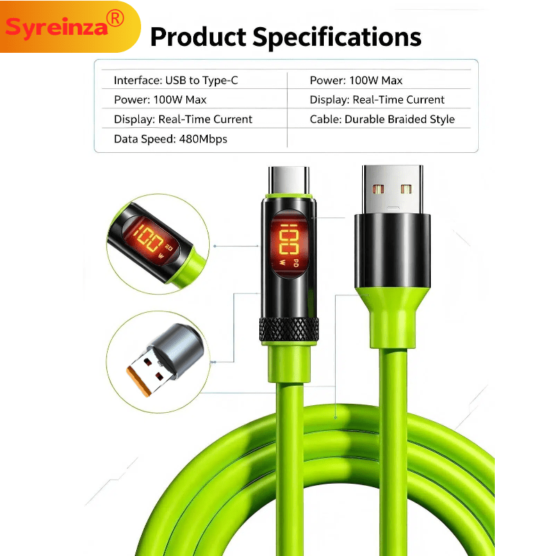 100W High-Power PD Fast Charging USB-A to Type-C Cable with Digital Display