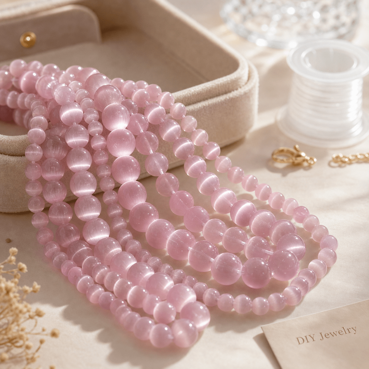 TEMU Juego de 1 de cuentas de piedra rosa para hacer joyería DIY, cuentas sueltas redondas de 4-12 mm con para pulseras, collares, manualidades de