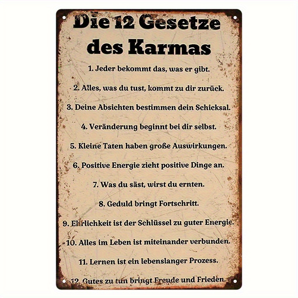 TEMU 2d Flat, 1pc Vintage German Quote Metal Tin Sign - 12 Laws Of For Karma Wall Art With German Text, Retro Iron Plaque Suitable For Home, Garage,
