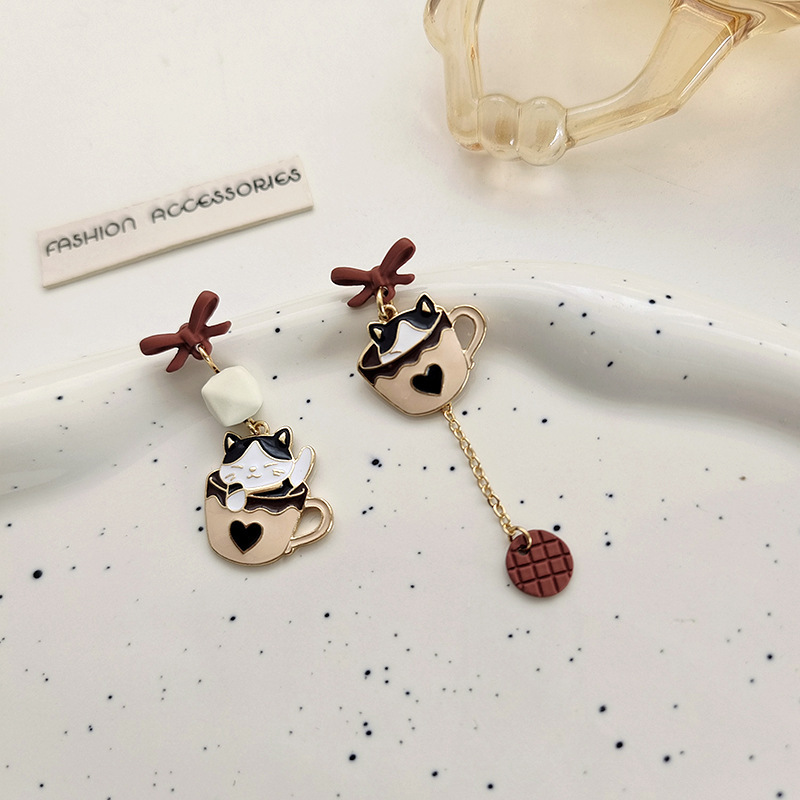 TEMU Adorable Coffee Cup Cat Earrings, Long Tassel Asymmetrical Stud Earrings, Vintage Enamel Drip Glaze Ear Jewelry, Women's Jewelry Accessories