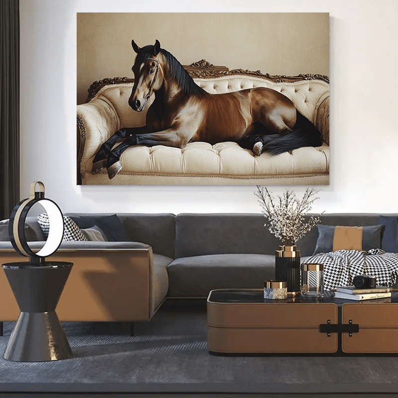 E-shop 2D Flach, 2D Flach, 1 Stück, Leinwandbild ohne Rahmen, Größe 47.24X31.49 Zoll, mit einem eleganten Pferd, das auf einem Sofa liegt. Diese