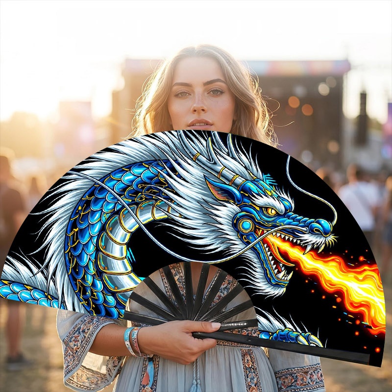 TEMU Dragon With Golden Accents Print Folding Fan, 13 Inch Black Plastic Ribs 1pc Lightweight Handheld Fan, Ideal For Daily Cooling, Themed Parties