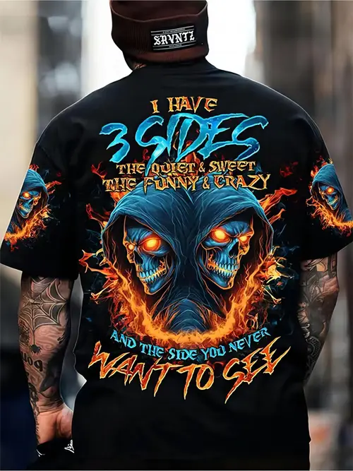 mens edgy skull flames graphic t shirt 3d printed casual crew neck tee with slogan soft non stretch fabric regular fit for outdoor sports