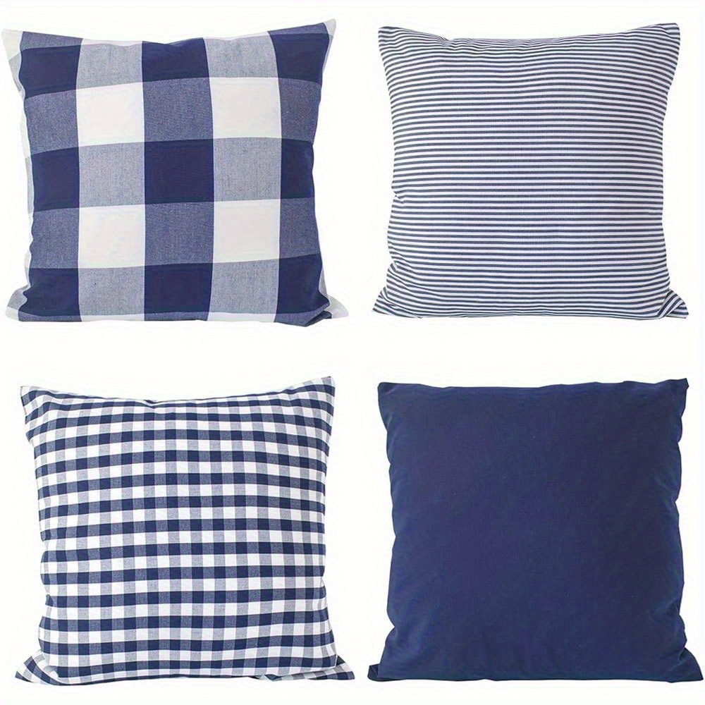 TEMU Juego de 4 fundas de almohada de 17X17 pulgadas con un diseño a cuadros y rayas azules y blancas, perfectas para un de estilo. Hechas de