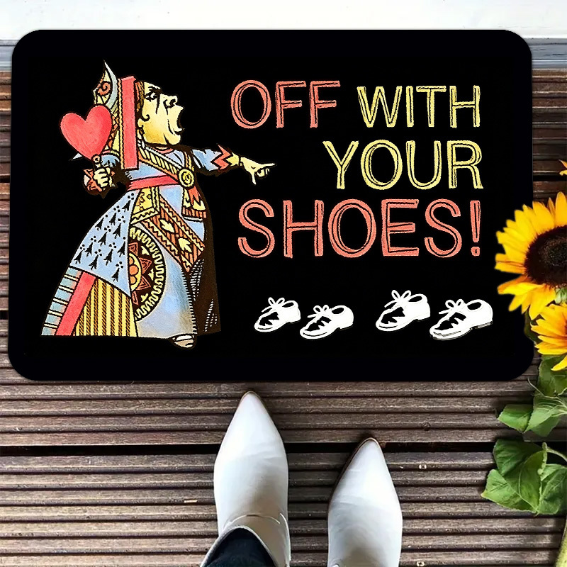 TEMU 1pc Of Hearts Welcome Mat "off With Your Shoes" - Thick Plush Suitable For Entryway,, Room Decor, Machine Washable Retro With Queen Of Hearts &