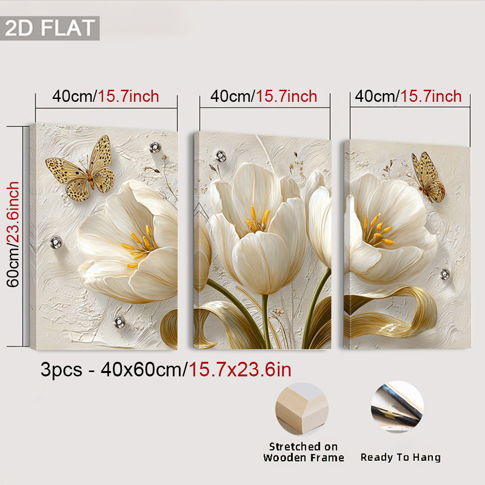 TEMU 2d Flat, 2d Flat, Set Of 3 Framed Wall Art Featuring Elegant White Tulips, With Golden Decorative Elements. Includes Delicate Designs And
