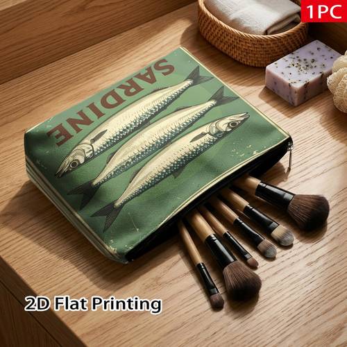 2d flat printing 1pc makeup bag with vintage sardine nostalgic pattern chic doublesided print makeup bag durable lightweight foldable travel organizer with large capacity perfect gift for friends birthdays