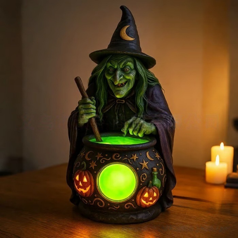 TEMU 1pc 3d Halloween Witch Lamp, Small Resin Statue Of Witch Holding Broom For Halloween, With A Warm- And Whimsical Style, Table Lamp, Suitable For