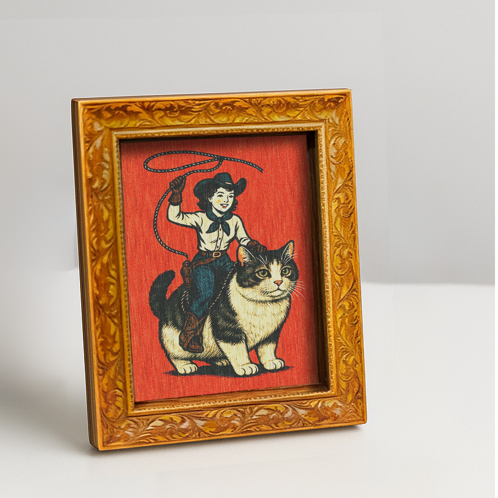 TEMU A Cowboy And A Chubby Cat Fridge Magnet, A Mini Wooden Decorative Painting, Vintage Style Wooden Fridge Magnet, Featuring A Plump , Home Kitchen