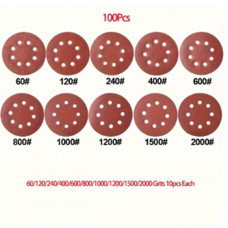 Image of 100pcs Of 12.7cm 8-hole Sandpaper Sheets, 60 120 240 400 600 800 1000 1200 1500 2000 Grit Sandpaper, Round Sandpaper For Sandpaper Machines(60-2000 Grit)