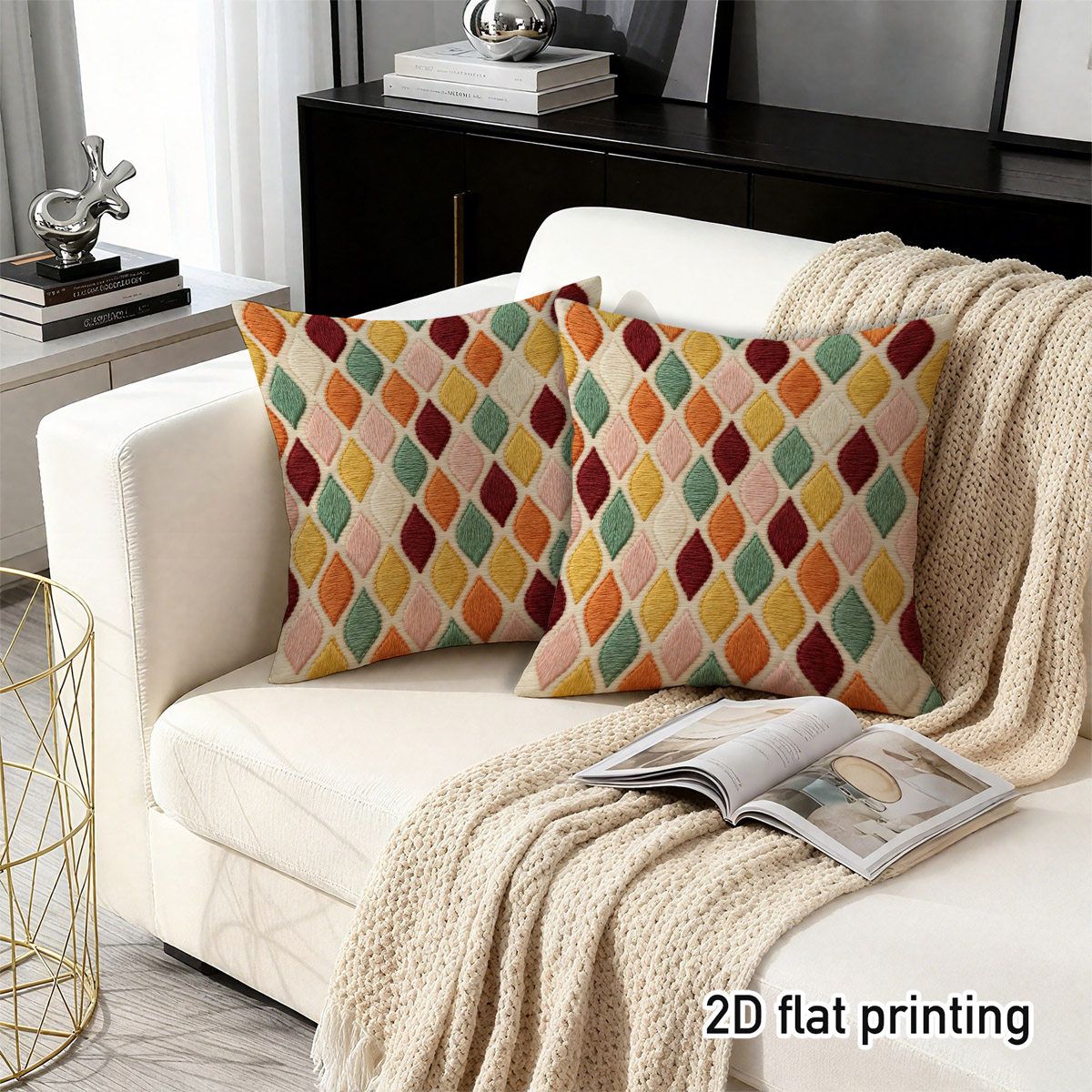 TEMU 2d Flat 2pcs Boho Style Geometric Pattern Throw Pillow Covers, Duplex Prints Colorful Diamond Shapes On Beige Base, Ideal For Nook, Modern