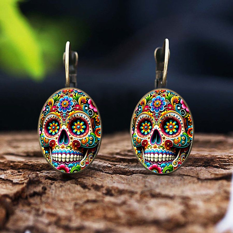 TEMU 2pcs Sugar Skull Earrings Floral Earrings Earrings Ovalearrings Decorative Earrings Jewelry Accessories Unique Jewelry Halloween Gifts Birthday