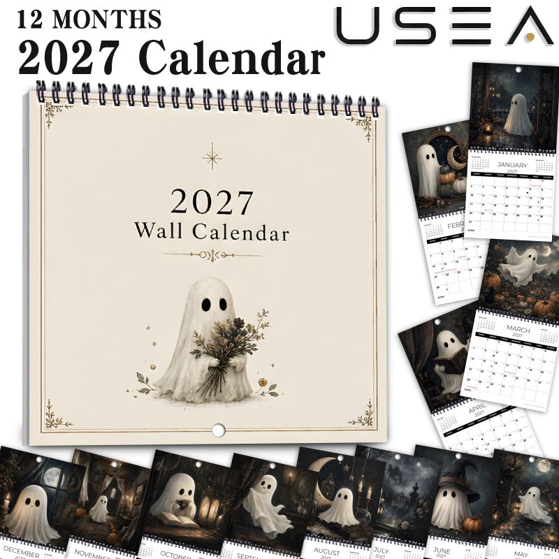 TEMU Wall Calendars 2027 Wall Calendar 12 Months Monthly Planner, Twin Wire Spiral Hanging Calendar With Large Blocks, 8.3x8.3 Inch Cozy Spooky Ghost