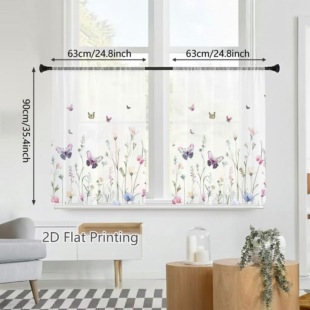 E-shop 2D Flat - 2D Flat - Set aus zwei leichten, transparenten Vorhängen mit Aquarell-Blumen- und Schmetterlingsmuster in Rosa, Blau- und Gelbtonen,