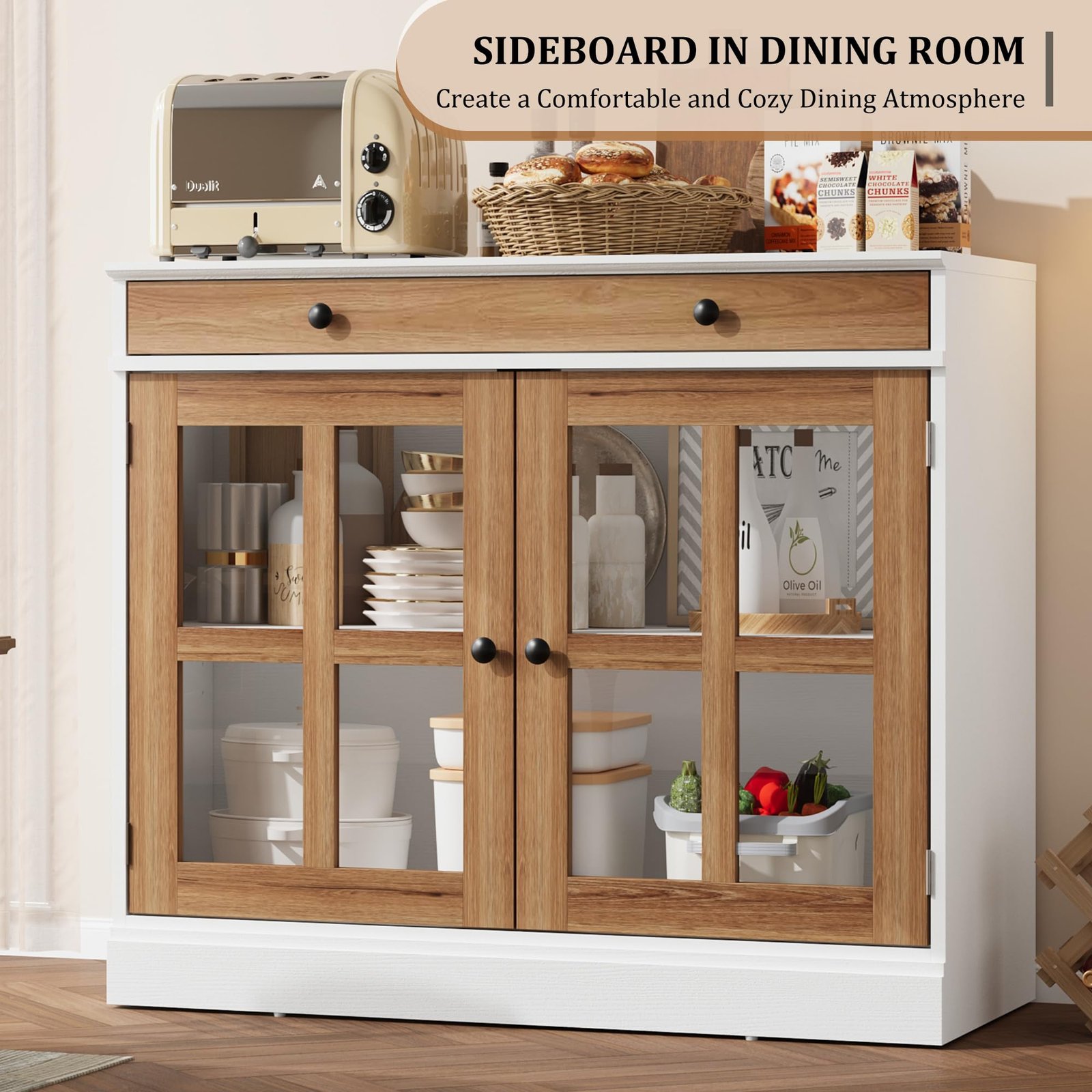 GAOMON 35.4Inch Black Sideboard Buffet Cabinet with Glass Doors, Storage Cabinet with Drawer, Modern Buffet And Sideboard for Dining Room, Kitchen, Living Room