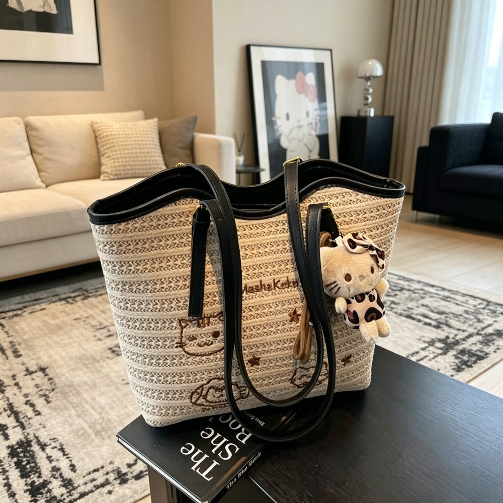 Image of New Tote Bag, Licensed Tote Bag, , Trimmed Woven Shoulder Bag With Long Plush Pendant, Large Capacity Casual Crossbody Bag, Suitable For Daily And Beach Use