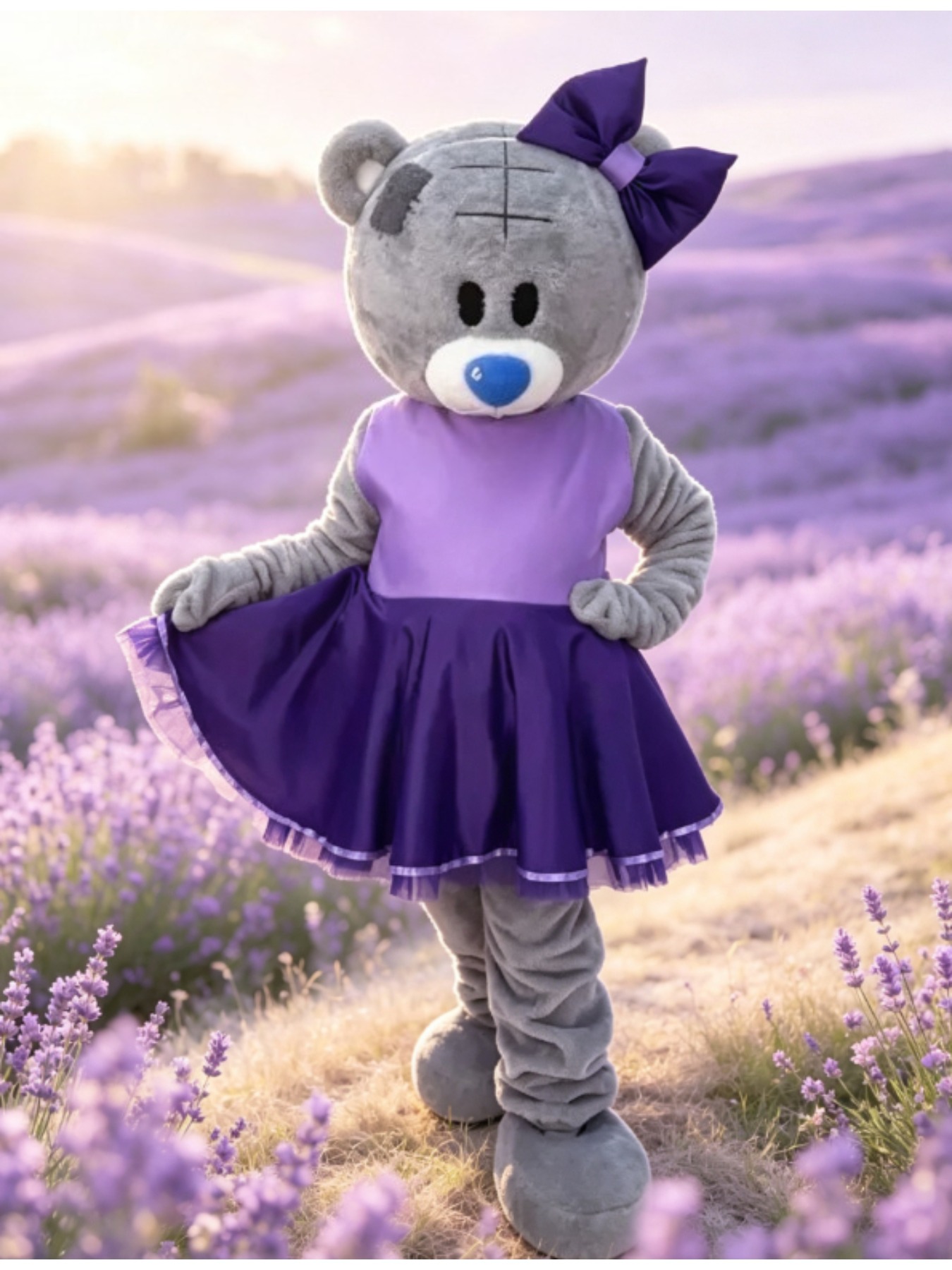 Purple Dress with Gray Teddy Bear Mascot Costume for Adults