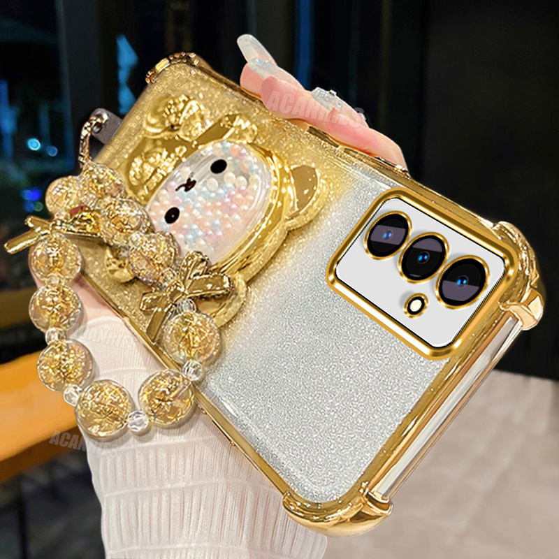 TEMU Phone Case - Acanries Luxury Star Bead Wrist Strap Chain Lanyard With Cute Quicksand Bead Bear Folding Stand Holder And Plating Gradient Glitter
