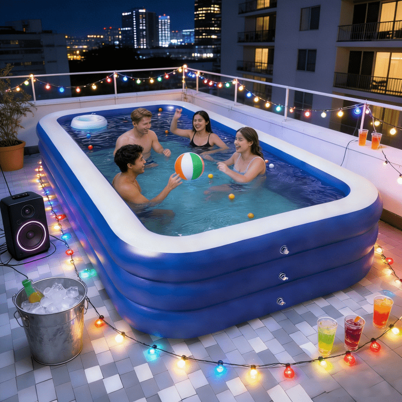 3pcs Set, Including 1 Blue Inflatable Swimming Pool + 1 Pool Mat + 1 Air Pump, Three-Layer Design, 210.01*150.01*68.0 cm Large Capacity, Swimming, Outdoor Backyard Pool, Suitable for Family Gatherings, Summer Parties, Balconies, Travel