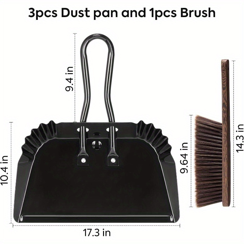 heavy-duty large 17-inch metal dust pan and brush set with ergonomic rubber-coated handle & sturdy broom head - large rectangular pan with rounded edges for carpet, hardwood, tile, vinyl floors - indoor/outdoor use for home, patio, car, pet hair removal - durable metal construction, easy to clean, space-saving design, dust pan with long handle, mini broom and dustpan, dust pan and broom, mini dust pan Product details 1