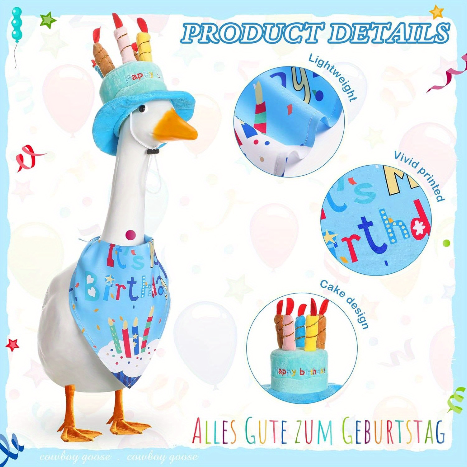 Happy Birthday Gans Outfit – Partyhut & Bandana Für Garten-Gänse Aus Zement Oder Kunststoff