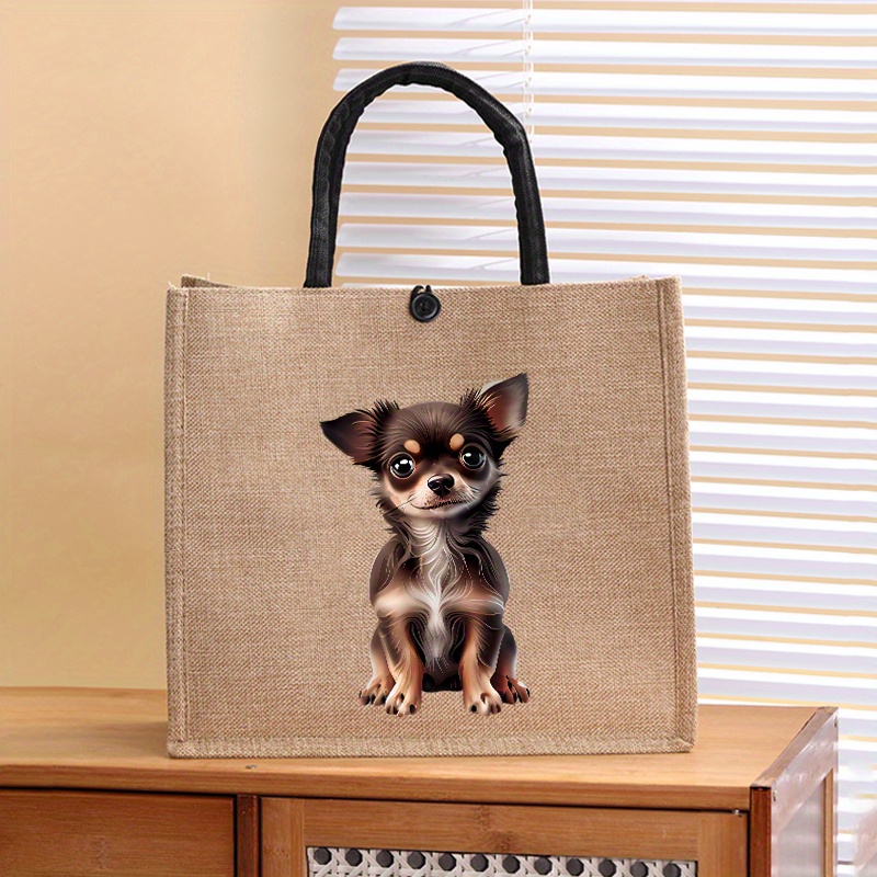 TEMU Women's Multifunctional Tote & Handbag With Adorable Chihuahua Design - High-quality Fabric, Minimalist Style, Button Closure & Machine Washable