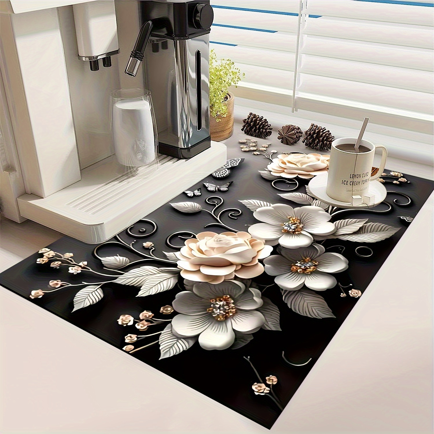 Image of 1pc, 3d Absorbent Mat - Soft Silicone Non-slip Quick-dry Kitchen Counter Pad With Elegant Black And White Flower Pattern, Suitable For Coffee Makers, Bowls, Plates - Essential Household Item