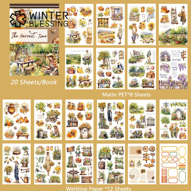 Image of 20sheets Large Size Country Sticker Book Waterproof Dual-material Fruit Plant Washi Pet Stickers Set For Scrapbooking Decoration